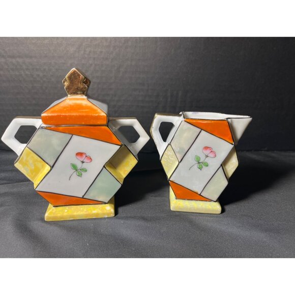 Antique Harlequin Floral Hand Painted Porcelain Creamer & Sugar - Picture 1 of 11